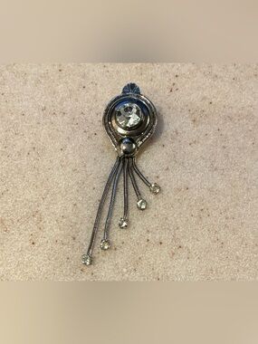 Silver-Tone Crystal Dangle Brooch - Clear Crystal Accent